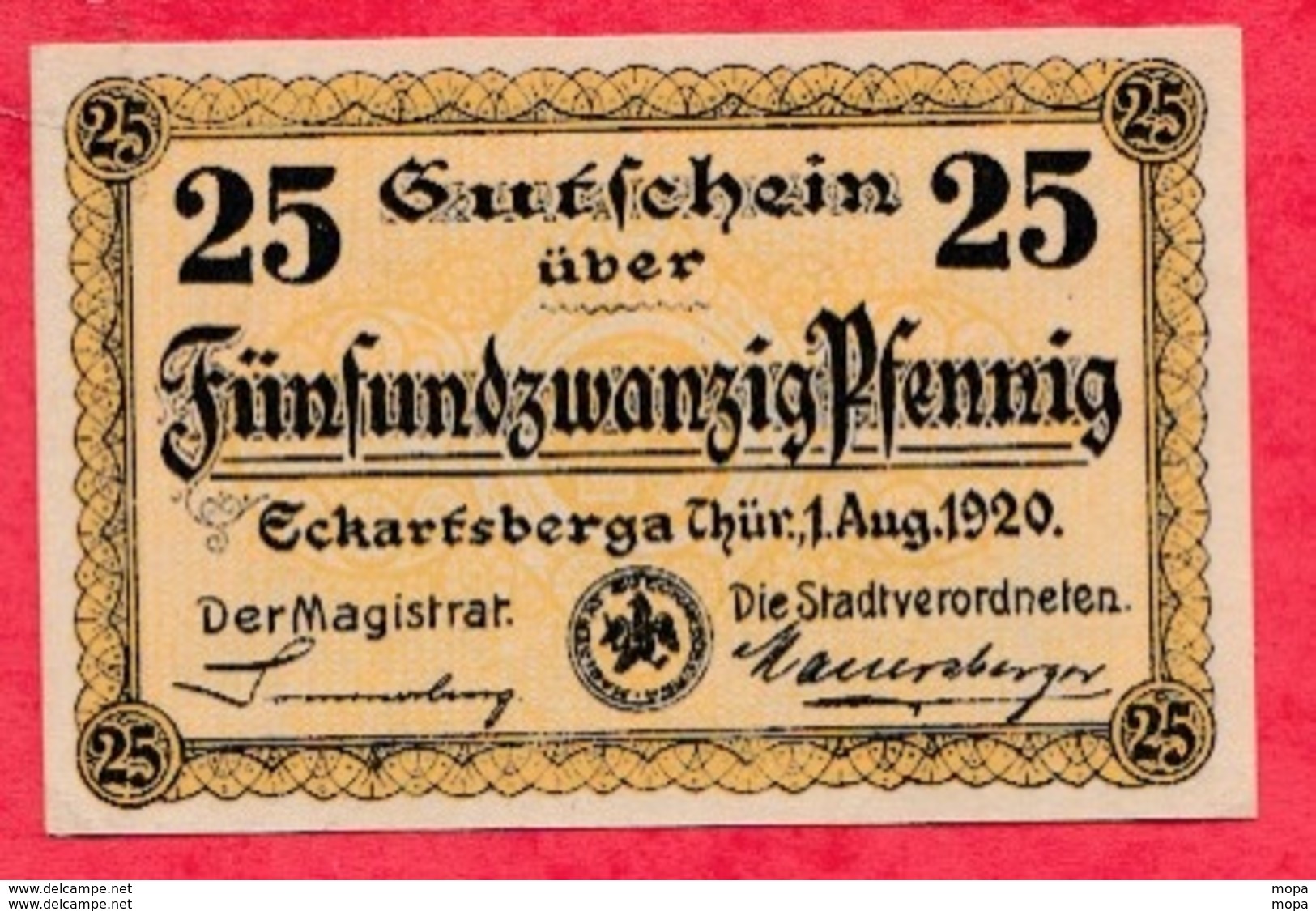 Allemagne 1 Notgeld De 25 Pfenning Stadt Eckartsberga UNC  N °3859 - Collections