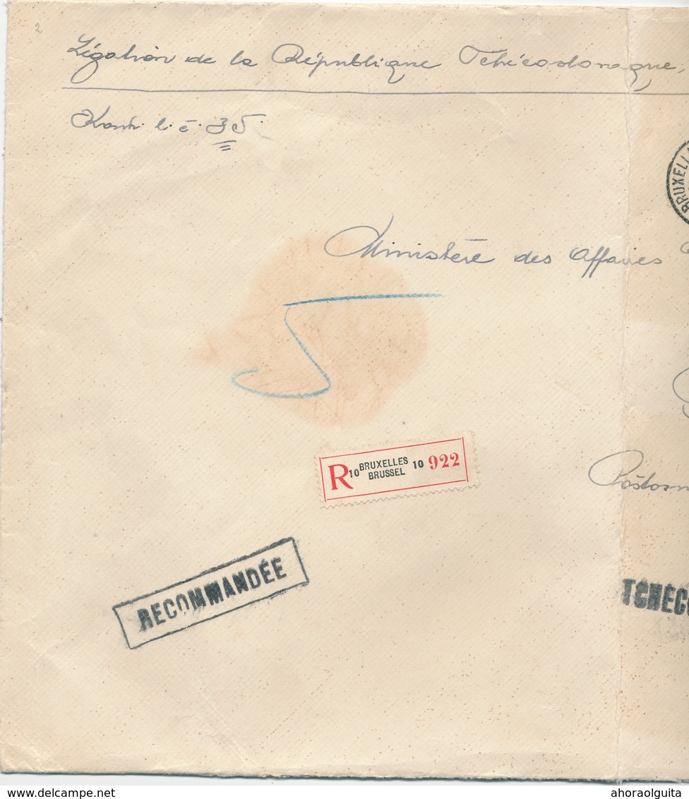 163/29 -  Grande Enveloppe Recommandée TP Képi Et Héraldique BRUXELLES 1936 Vers PRAGUE - TARIF 7 F 50 = 5 Ports - 1931-1934 Mütze (Képi)