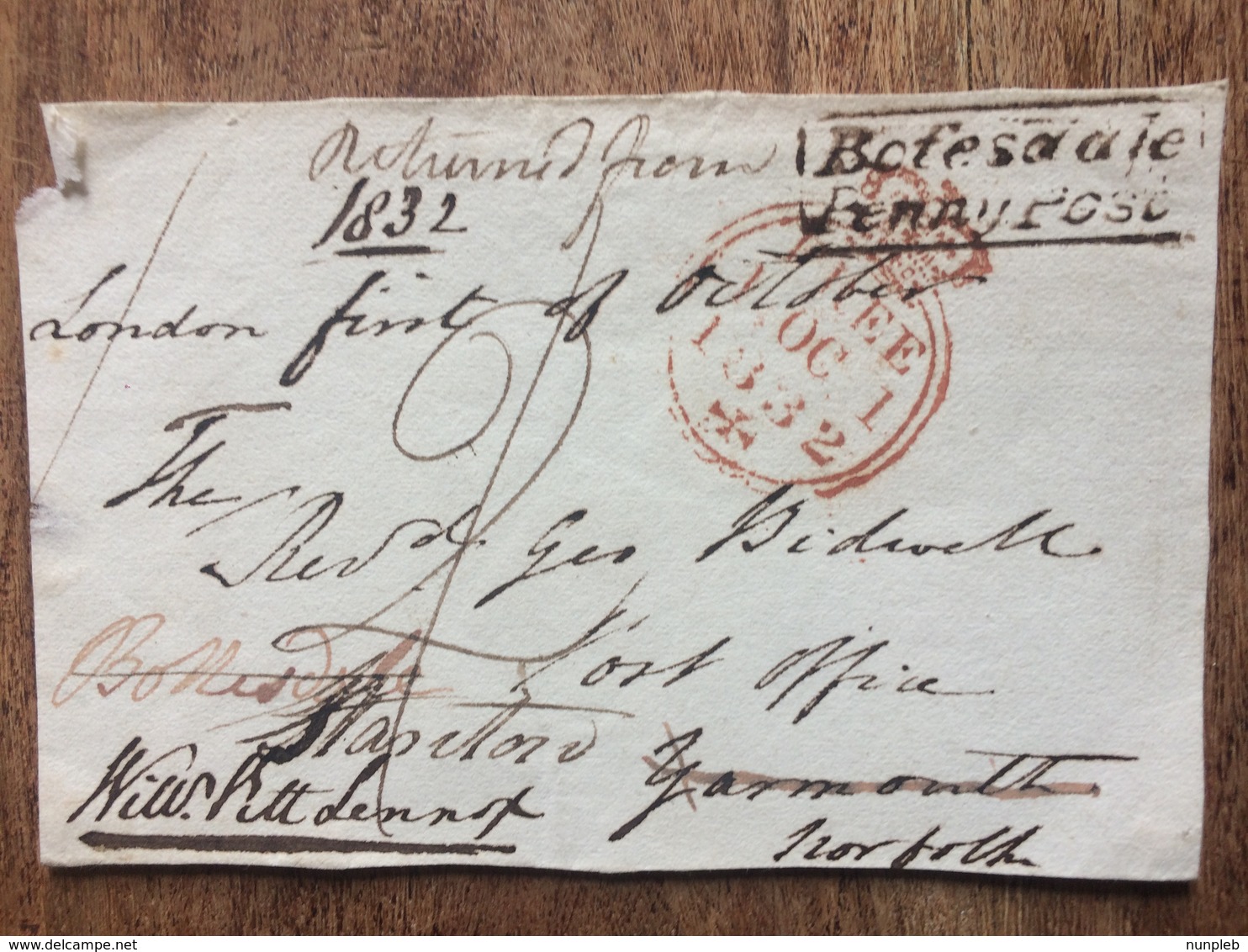 GB 1832 Free Front William Pitt Lennox (Godson Of William Pitt) To Yarmouth Re-directed With Bofesdale Penny Post Mark - ...-1840 Prephilately