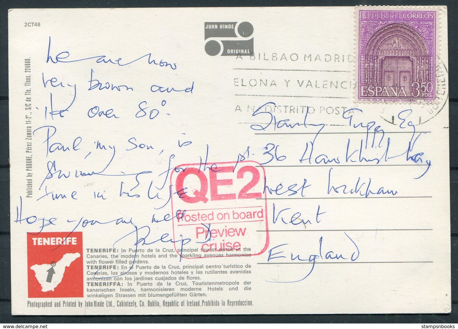 Spain Tenerife Postcard "QE2" Ship Posted On Board Preview Cruise - Cartas & Documentos