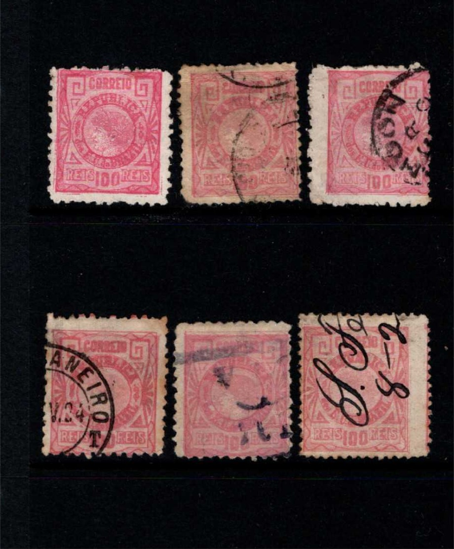 BRAZIL 1893 100c RED X 6 STAMPS SHADES & PERF VARIETIES - Oblitérés