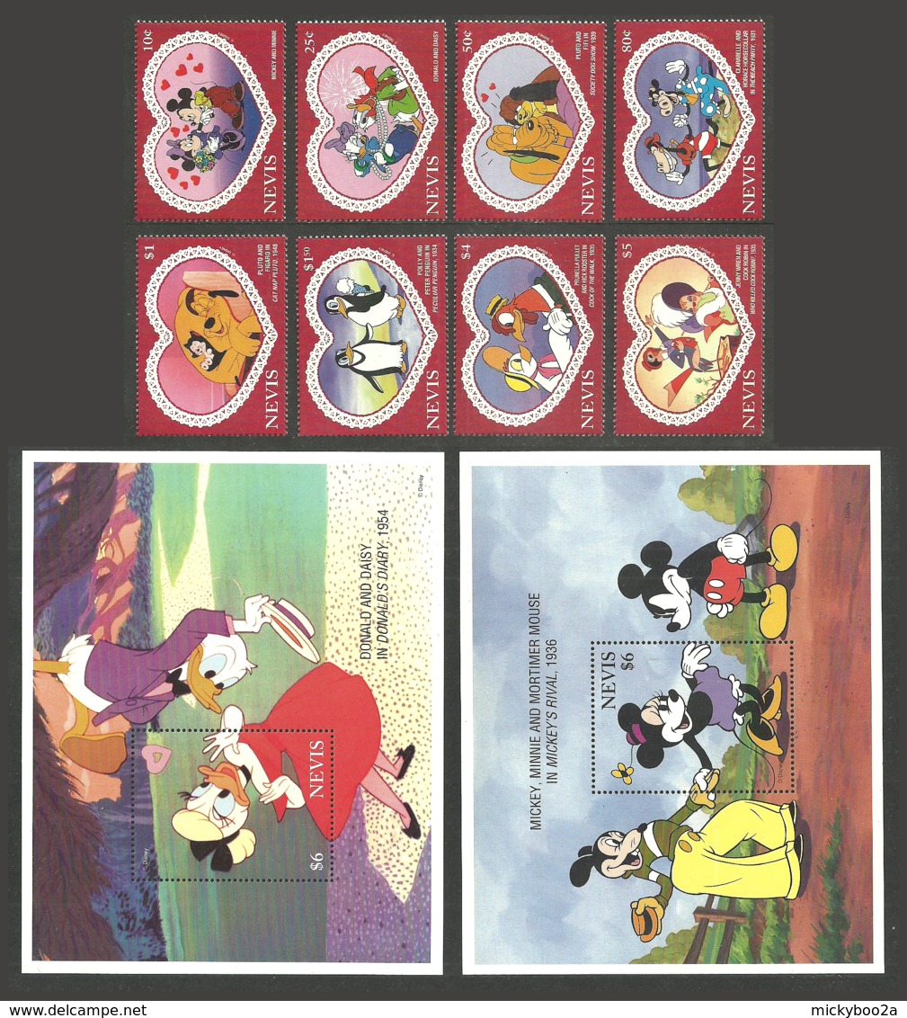 NEVIS 1995 DISNEY SWEETHEARTS BIRDS PENGUINS HORSES HEARTS SET & 2 M/SHEETS MNH - St.Kitts And Nevis ( 1983-...)