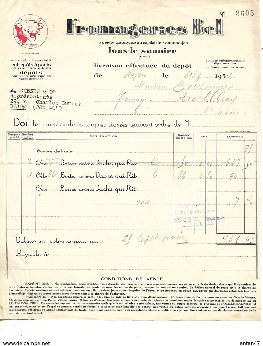 Facture & Traite 1934 / 39 LONS LE SAUNIER / Fromageries BEL "La Vache Qui Rit" - 1900 – 1949