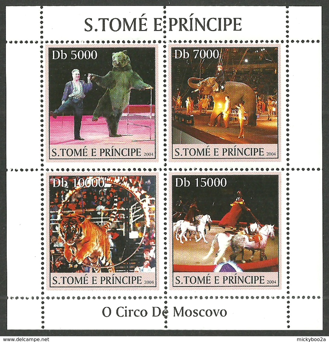 ST THOMAS AND PRINCE 2004 MOSCOW CIRCUS ELEPHANTS BEARS TIGERS M/SHEET MNH - Sao Tome And Principe