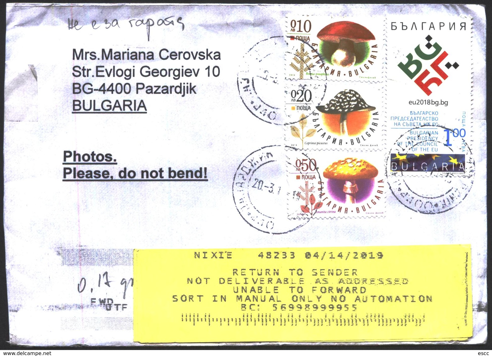 Mailed Cover (letter) With Stamps  Mushrooms 2014  From Bulgaria - Storia Postale