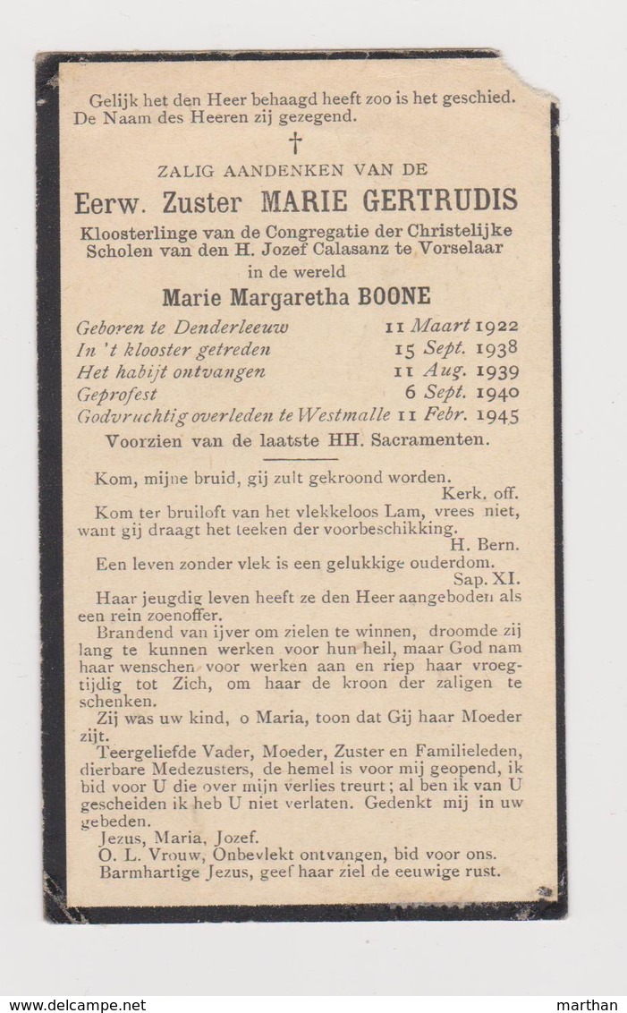 DOODSPRENTJE E.Z. MARIE GERTRUDIS - BOONE MARIE DENDERLEEUW WESTMALLE (1922 - 1945) - Imágenes Religiosas