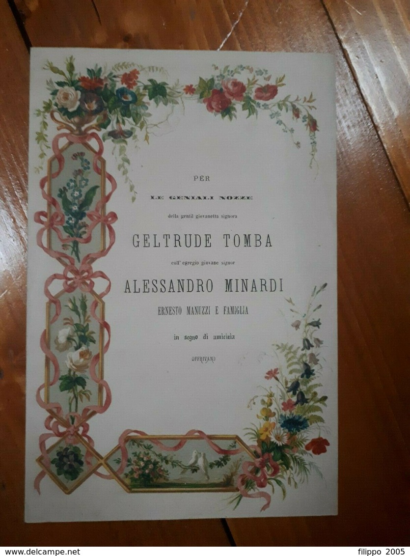 1874 - FAENZA - NOZZE MATRIMONIO TOMBA MINARDI - SONETTO - BIGLIETTO A COLORI - Annunci Di Nozze