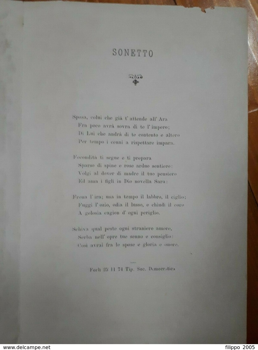 1874 - FAENZA - NOZZE MATRIMONIO TOMBA MINARDI - SONETTO - BIGLIETTO A COLORI - Annunci Di Nozze