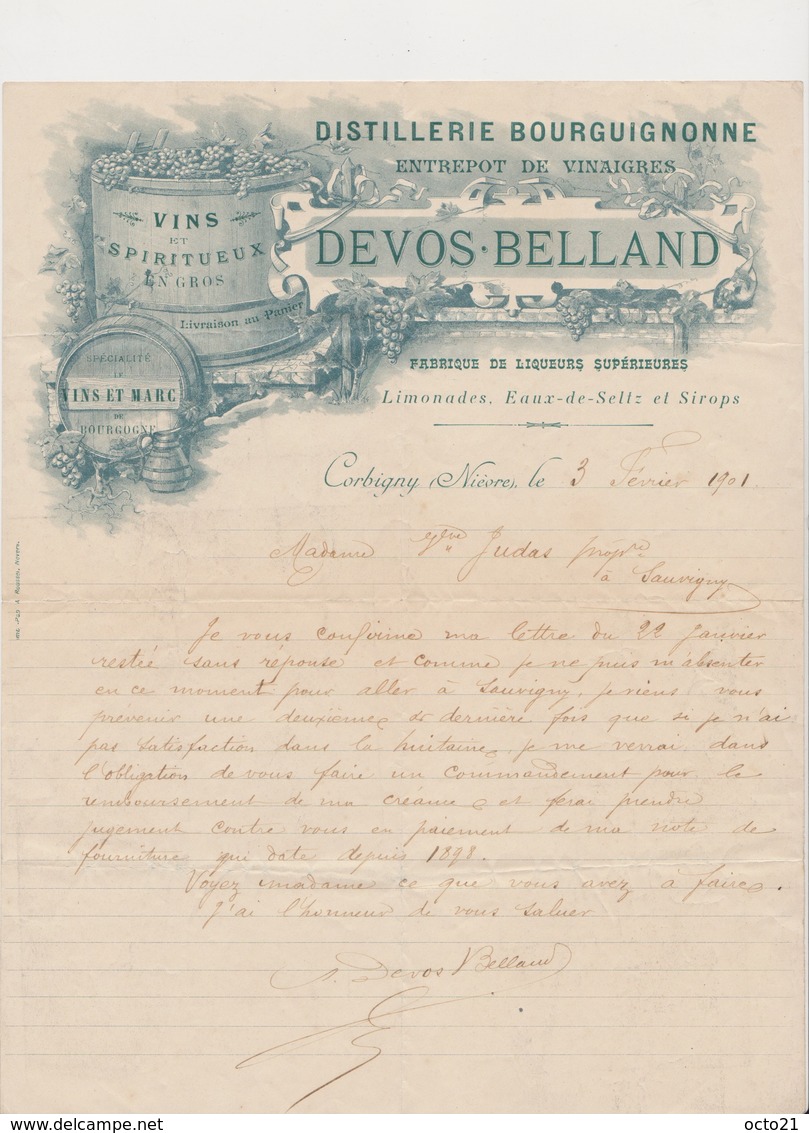 Lettre à En Tête .Distillerie Bourguignonne . Vins , Spiritueux , Marc , Vinaigres ...DEVOS -BELLAND .CORBIGNY (Nièvre) - 1900 – 1949