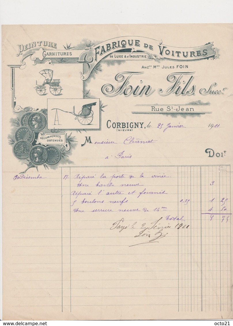 Lettre à En Tête .Fabrique De Voitures De Luxe Et D'industrie . FOIN Fils , Succ . Rue St-Jean .CORBIGNY (Nièvre) - 1900 – 1949