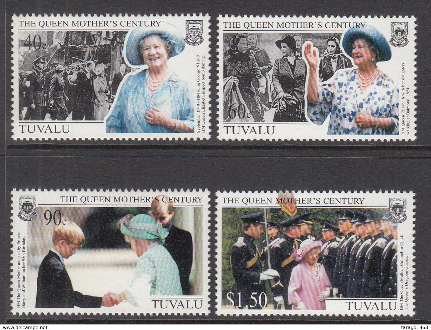 1999 Tuvalu Queen Mother  Complete  Set Of 4 MNH - Tuvalu (fr. Elliceinseln)