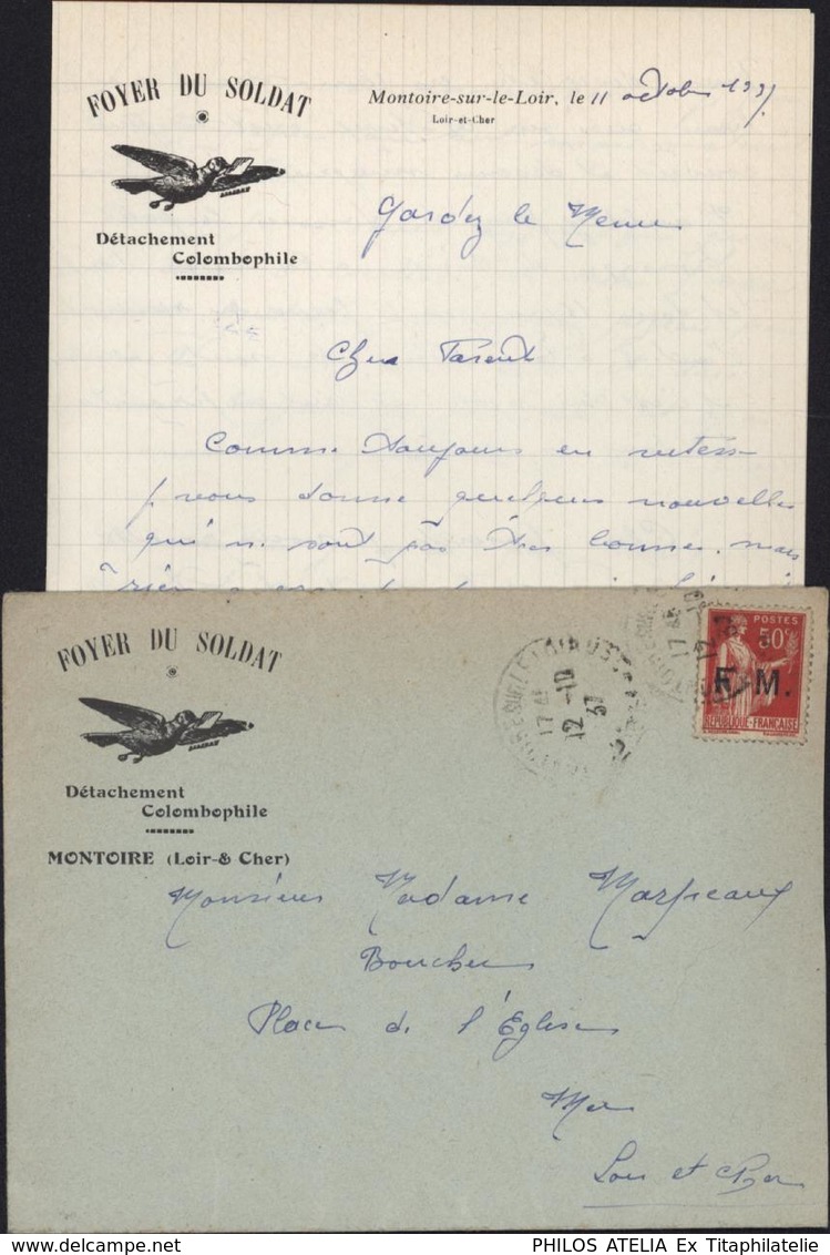 Enveloppe Illustrée Pigeon Voyageur Foyer Du Soldat Détachement Colombophile Montoire YT FM N°7 CAD Montoire 12 10 37 - 1921-1960: Modern Period