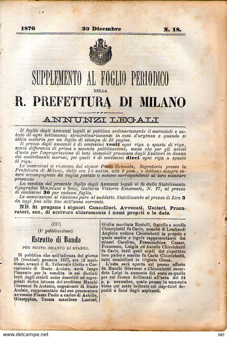 B 2529  -  Supplemento Al Foglio Periodico Della R. Prefettura Di Milano. Annunzi Legali, 1876 - Decreti & Leggi