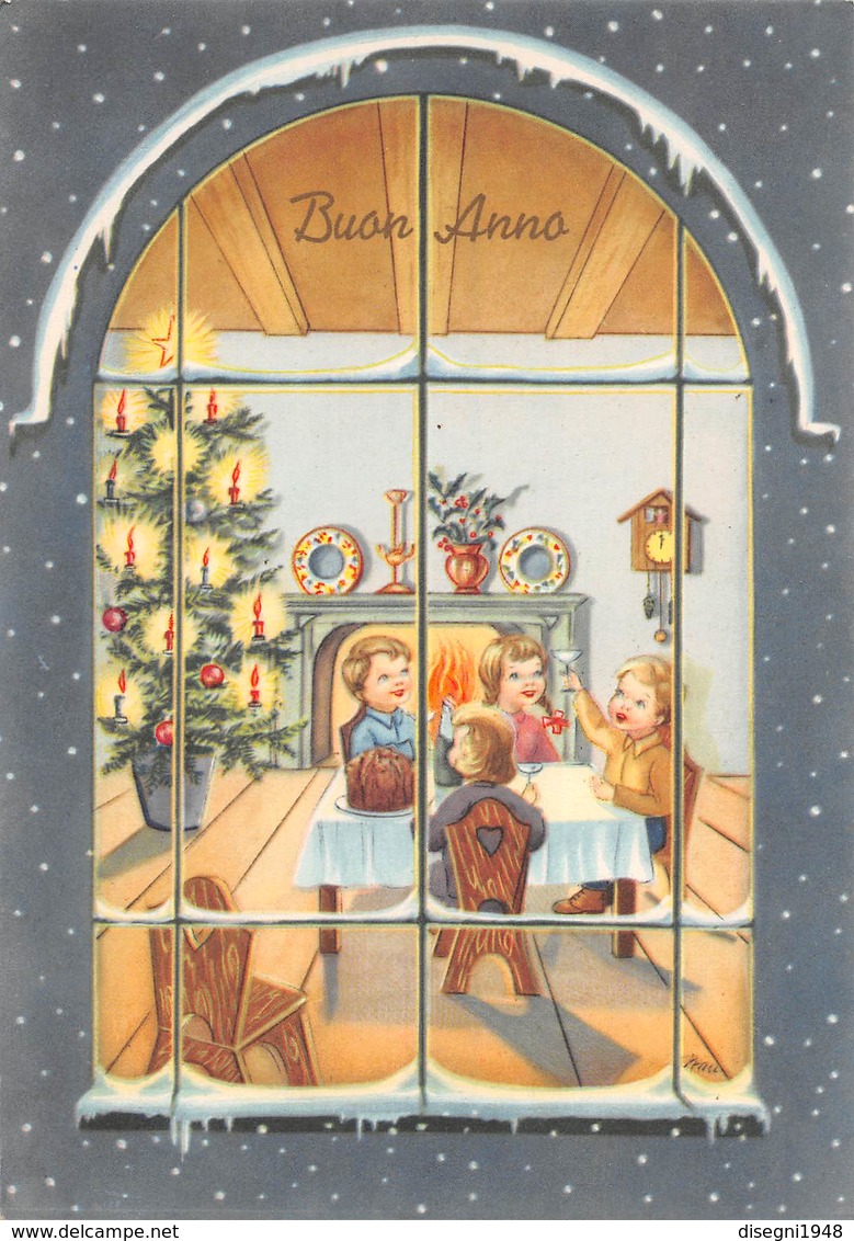 08132 "BUON ANNO - NEVE, INTERNO, BAMBINI, BRINDISI, PANETTONE, FUOCO NEL CAMINO"ANIMATA, CART. ORIG. NON SPED. - Anno Nuovo