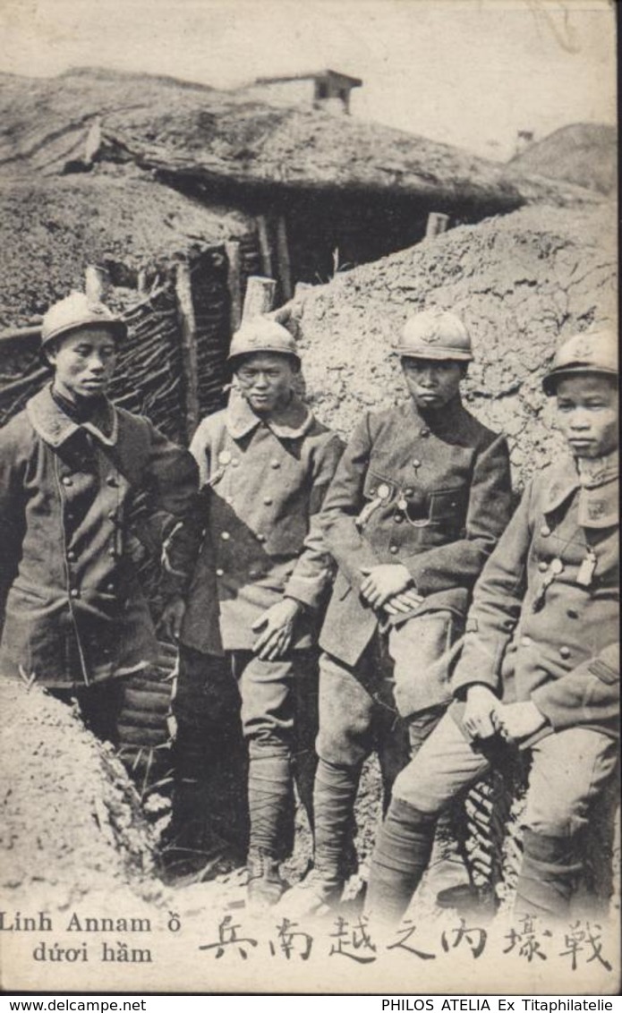 Guerre 14 Tirailleur Annamite Dans Tranchées Front Cachet Travailleurs Coloniaux Groupement Indochinois Sommesous - Guerra De 1914-18