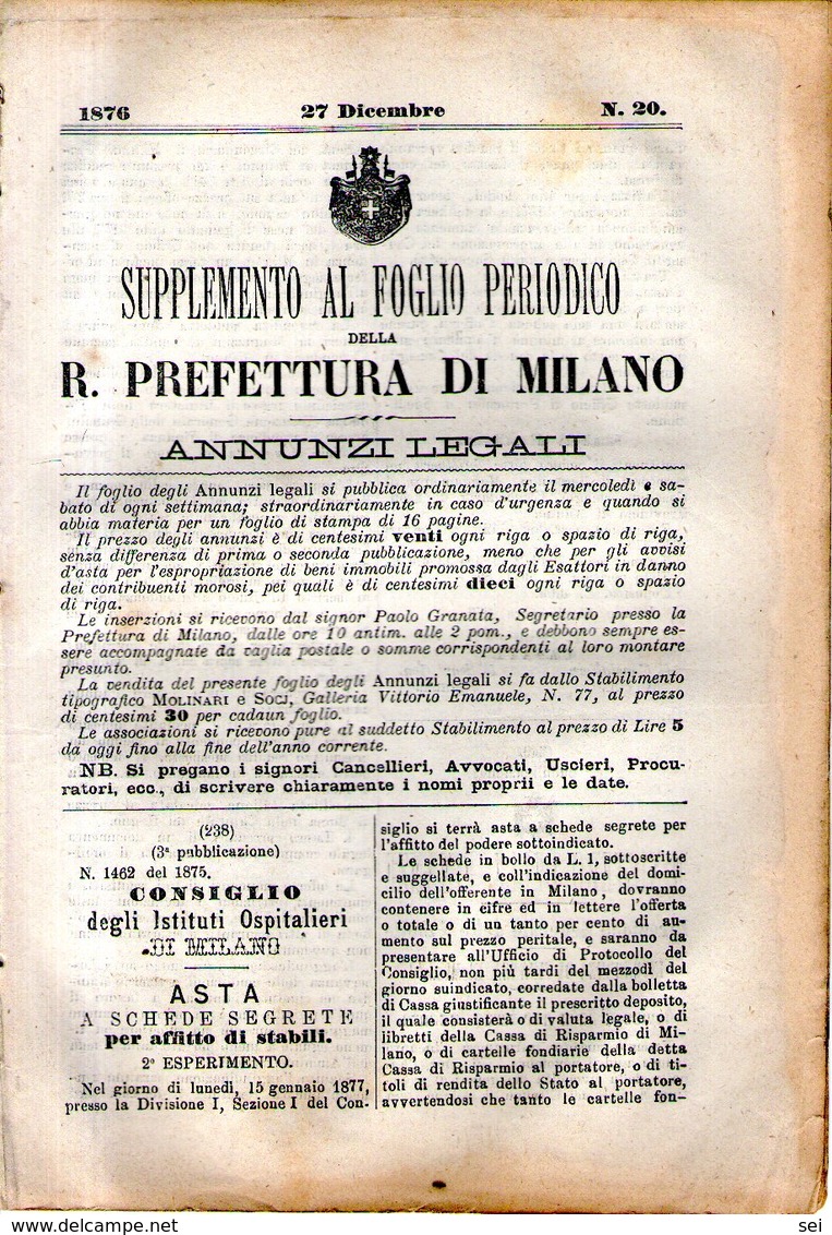 B 2531  -  Supplemento Al Foglio Periodico Della R. Prefettura Di Milano. Annunzi Legali, 1876 - Decrees & Laws