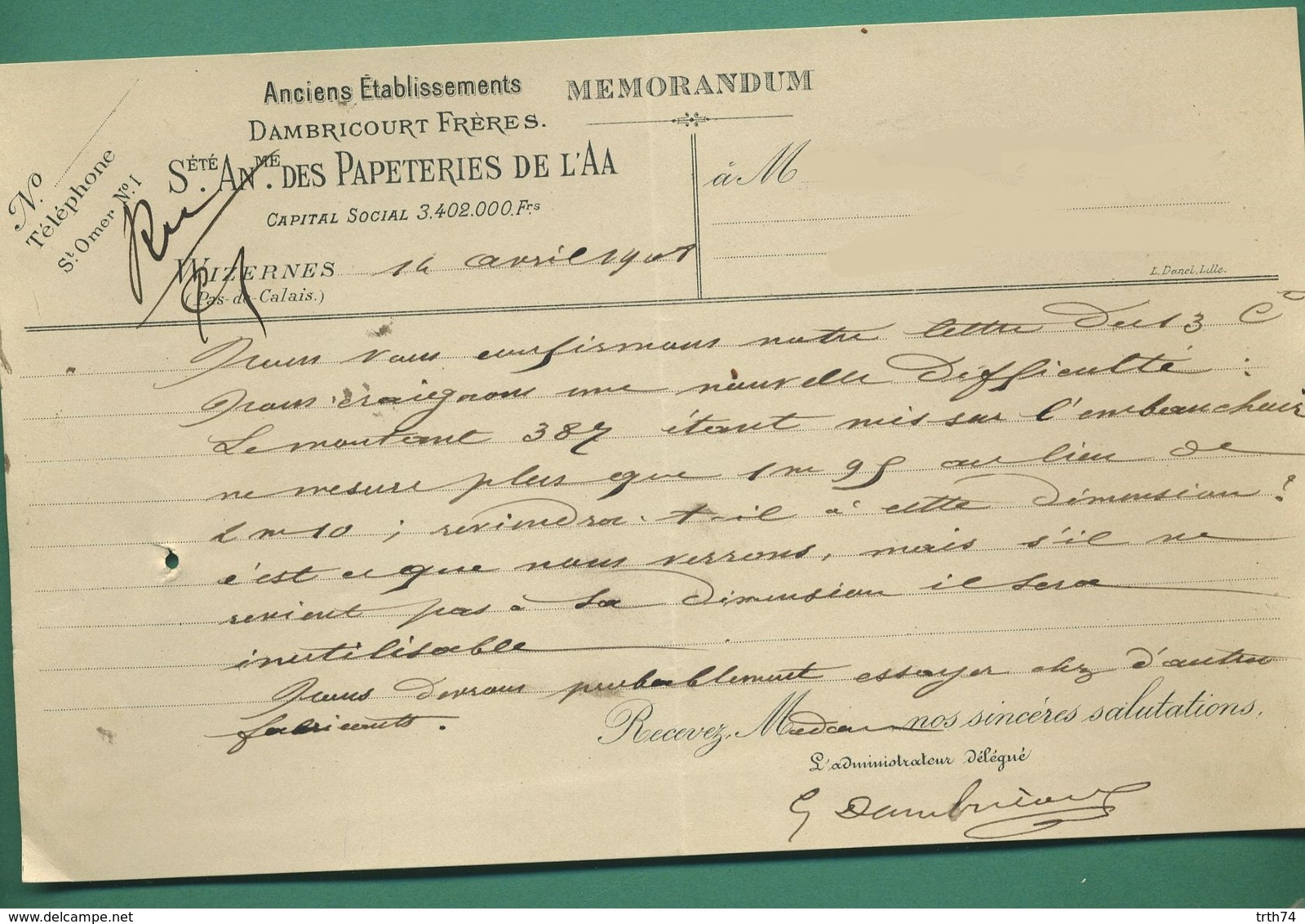 62 Wizernes Papeteries De L' Aa Anciens Établissements Dambricourt Frères 14 Avril 1908 - Imprimerie & Papeterie