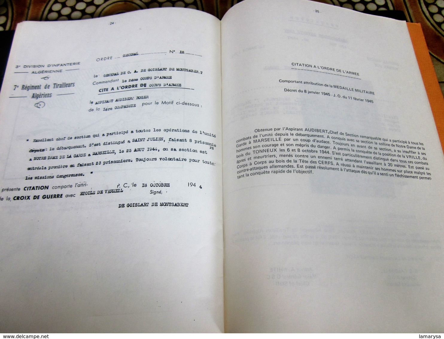 WW2 AOUT 1944 LIBERATION DE MARSEILLE-PRISE N. D. DE LA GARDE-FUSILLERS VOLTIGEURS 1é CIE 7é R.T.A.Militaria Document