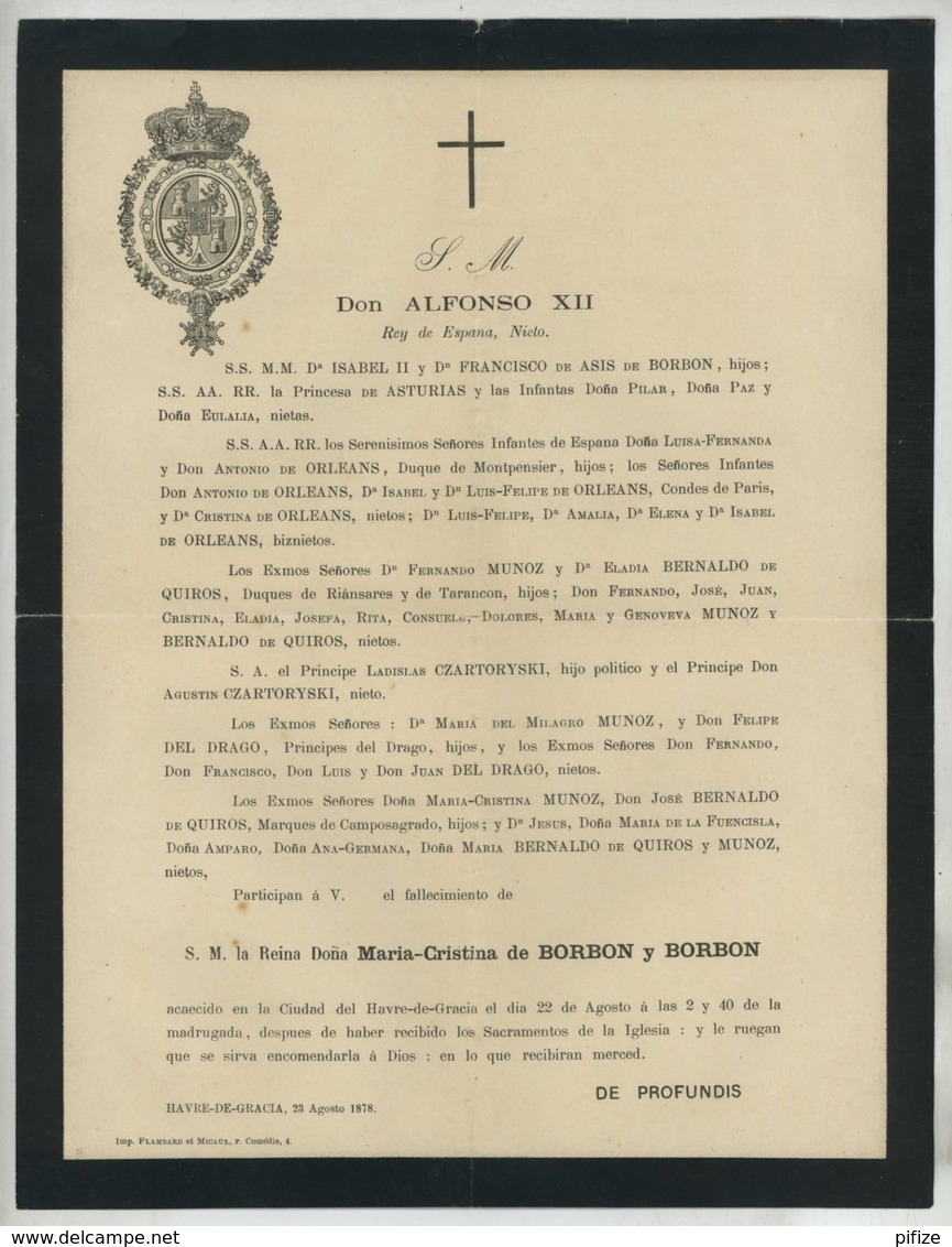 Faire-part De Décès De La Reine D'Espagne Maria-Cristina De Borbon Y Borbon . Alfonso XII . 1878 . - Décès