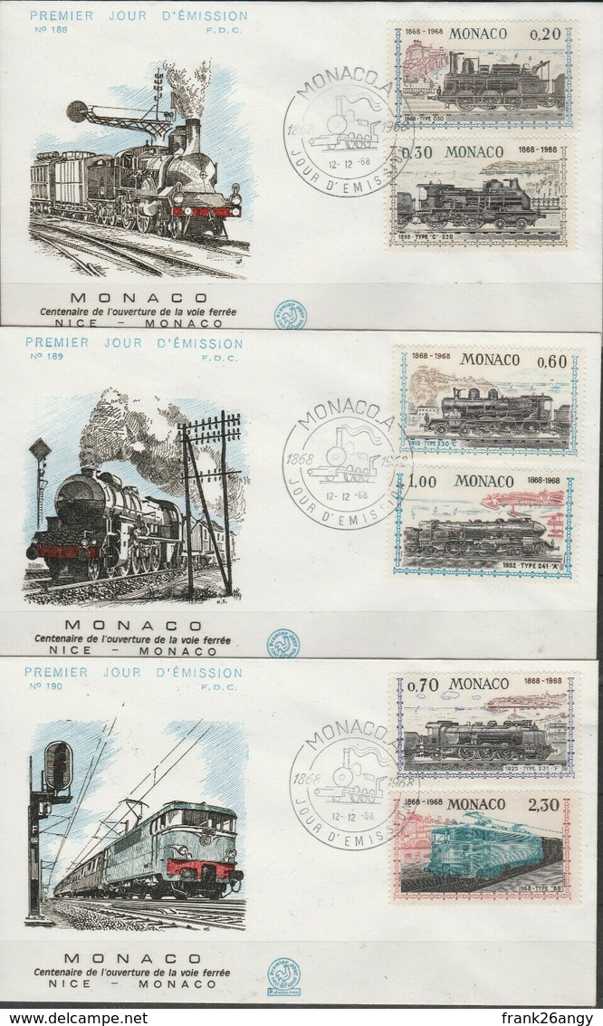MONACO 1968, Centenario Della Ferrovia Nizza - Monaco Mi.896/01 Serie Cpl. 6v Su 3 Buste FDC - FDC