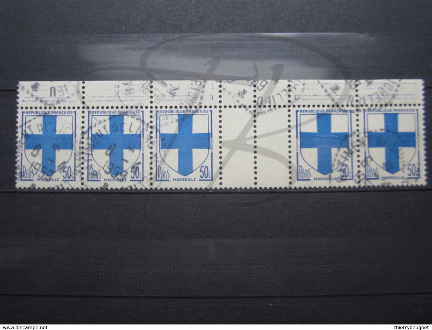 VEND BEAUX TIMBRES DE FRANCE N° 1180 EN BANDE DE 5 + BDF , CACHETS HEXAGONAUX TIRETES " BATIMENT DE LIGNE RICHELIEU "!!! - 1941-66 Armoiries Et Blasons