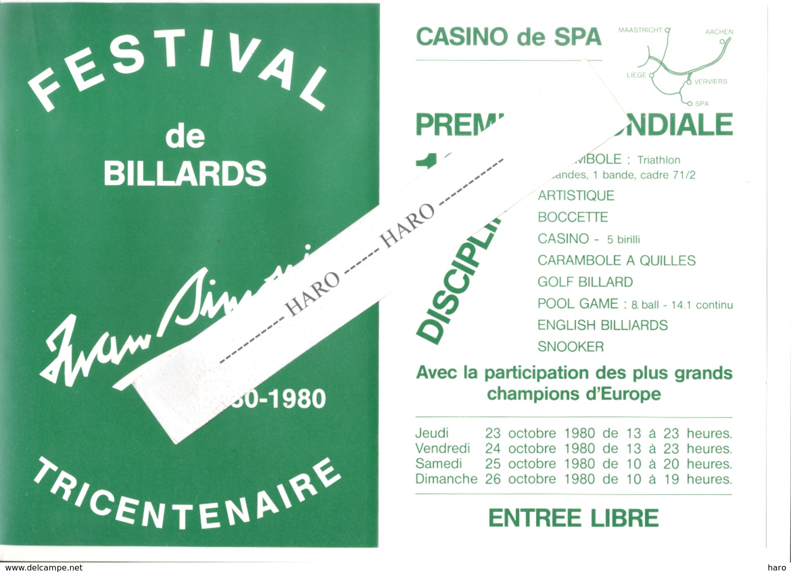 Casino De SPA 1980 - Invitation - Exhibition De Billard / Bijlard / Biliardo - Publicité Drap I. Simonis Verviers (jm) - Autres & Non Classés