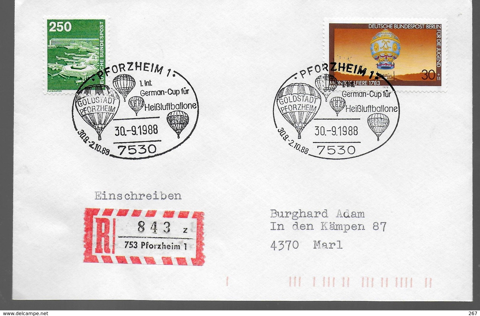 ALLEMAGNE BERLIN Lettre Recommandée 1988 Pforzheim Mongolfieres - Airships