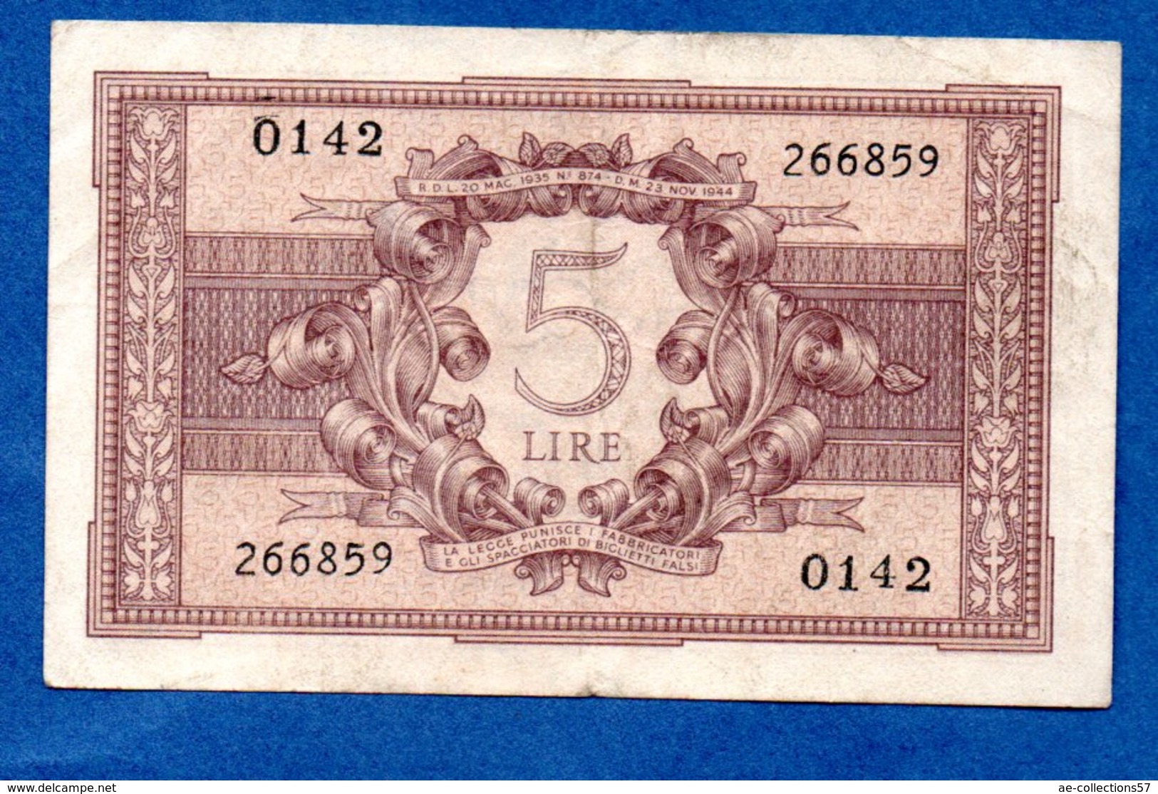 Italie -  5 Lires   23/11/1944  - Pick # 31  - état  TTB - Italia – 5 Lire