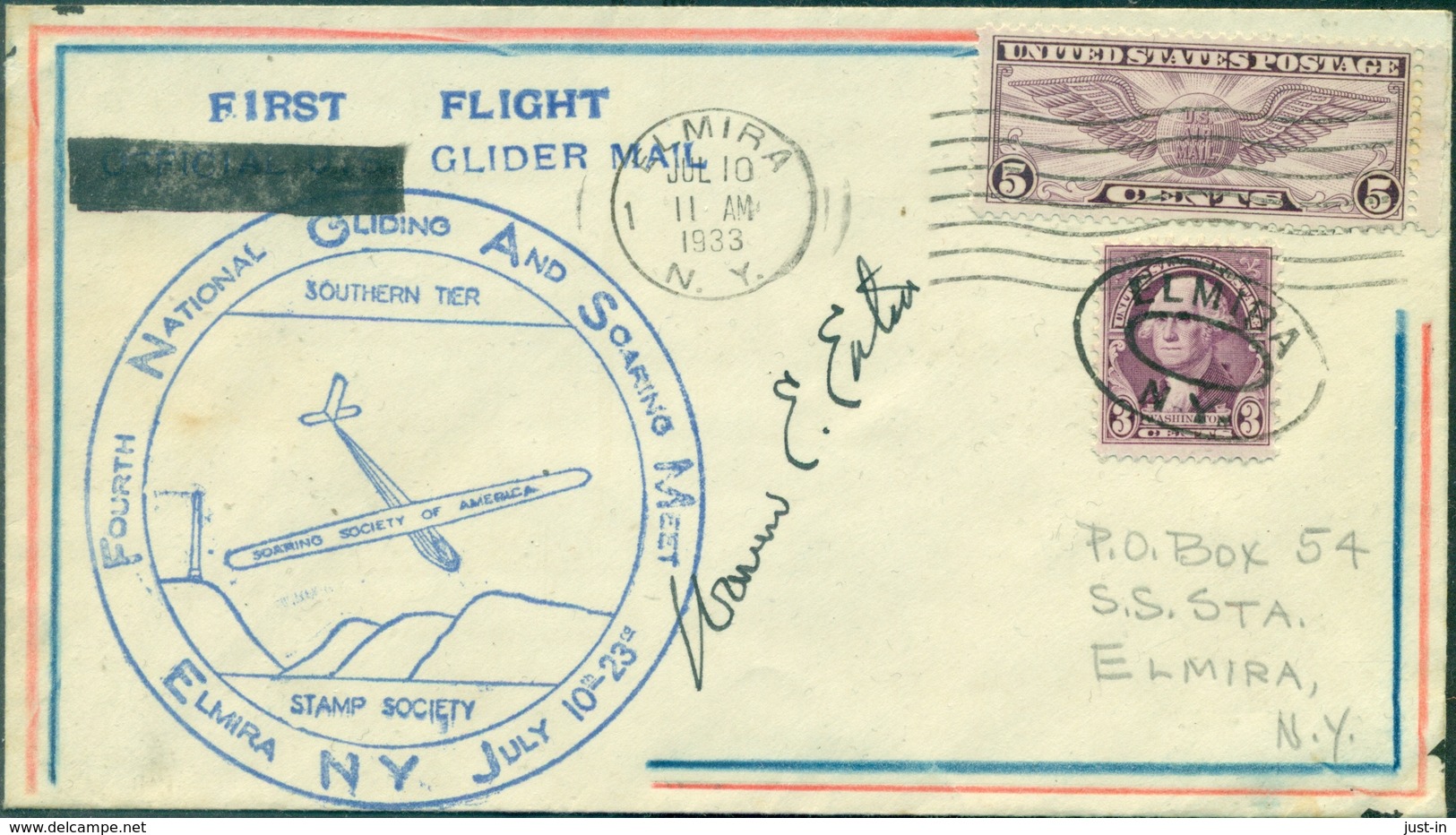 USA 1933 Cachet Essai De Courrier Par Planeur TB. Rare.signé Par Le Pilote. - 1c. 1918-1940 Lettres