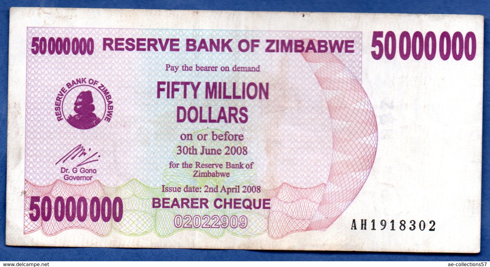 Zimbabwe  - 50 Millions 30/6/2008   - Pick # 57    - état  TB+ - Zimbabwe