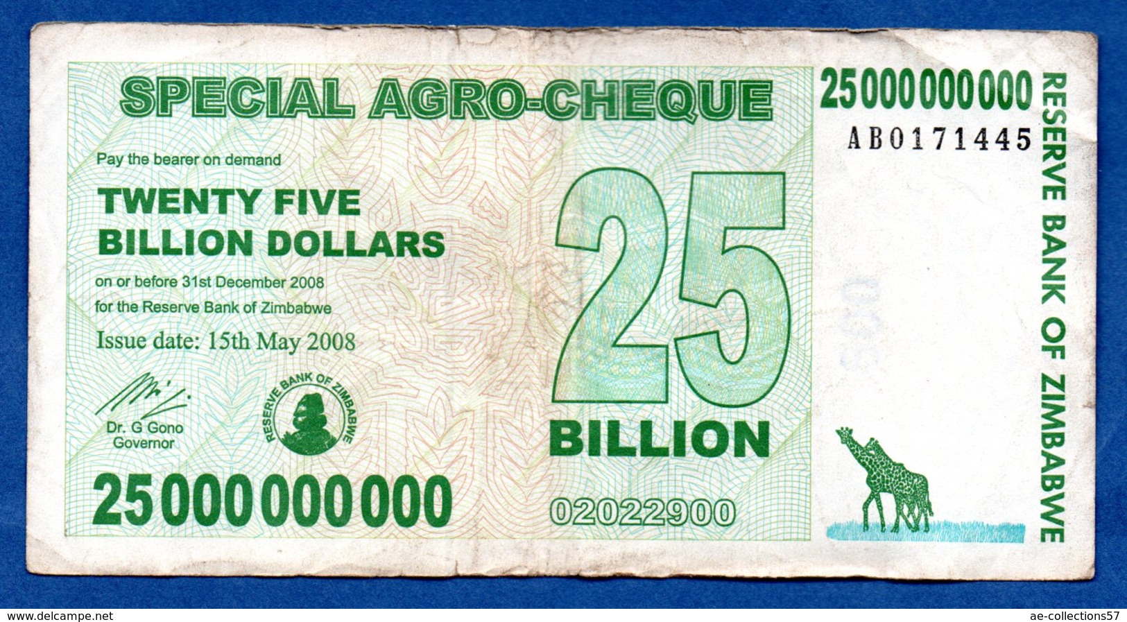 Zimbabwe  - 25 Billions 15/5/2008   - Pick # 62    - état  TB - Zimbabwe