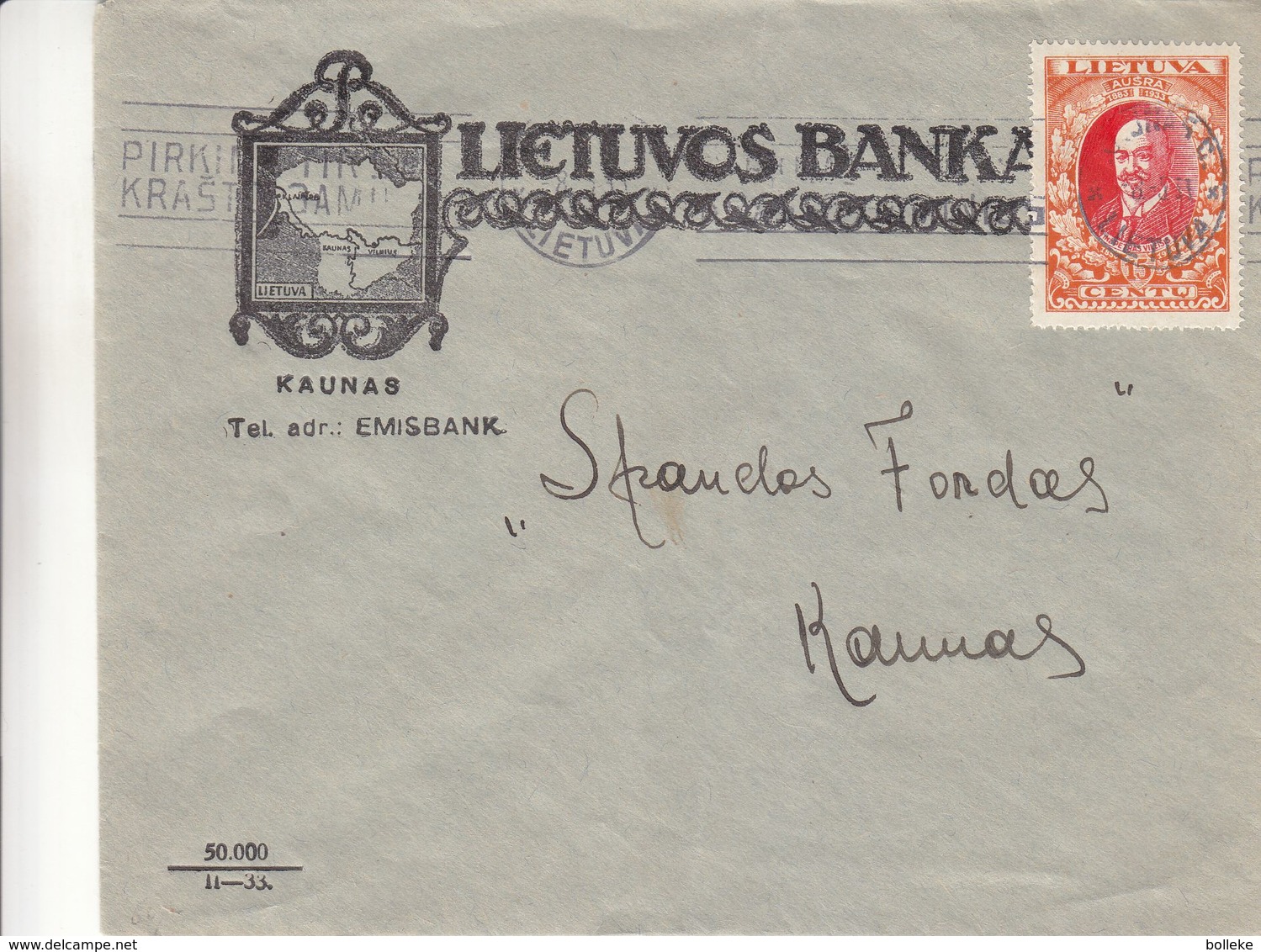 Lituanie - Lettre De 1933 °  ? - Oblit Kaunas - Exp Vers Kaunas - Banque - Carte De Lituanie - Lituanie