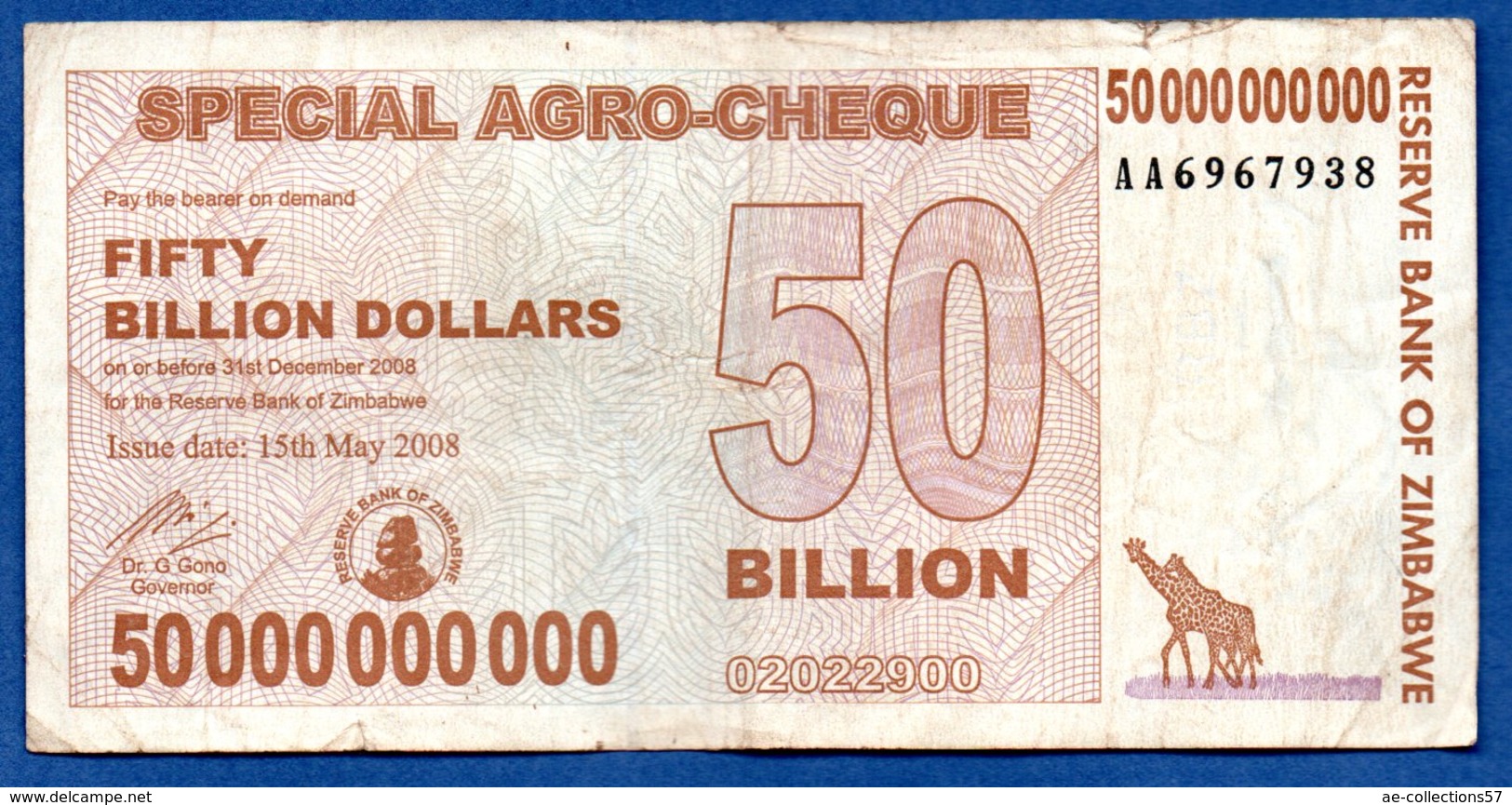 Zimbabwe  - 50 Billions 15/5/2008   - Pick # 63    - état  TB - Zimbabwe