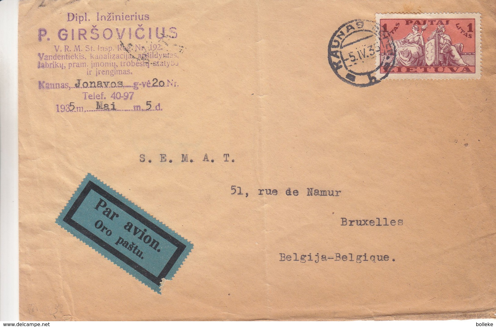 Lituanie - Lettre De 1935 - Oblit Kaunas - Exp Vers Bruxelles - Cachet De Berlin - Bouclier - épée - - Lituanie