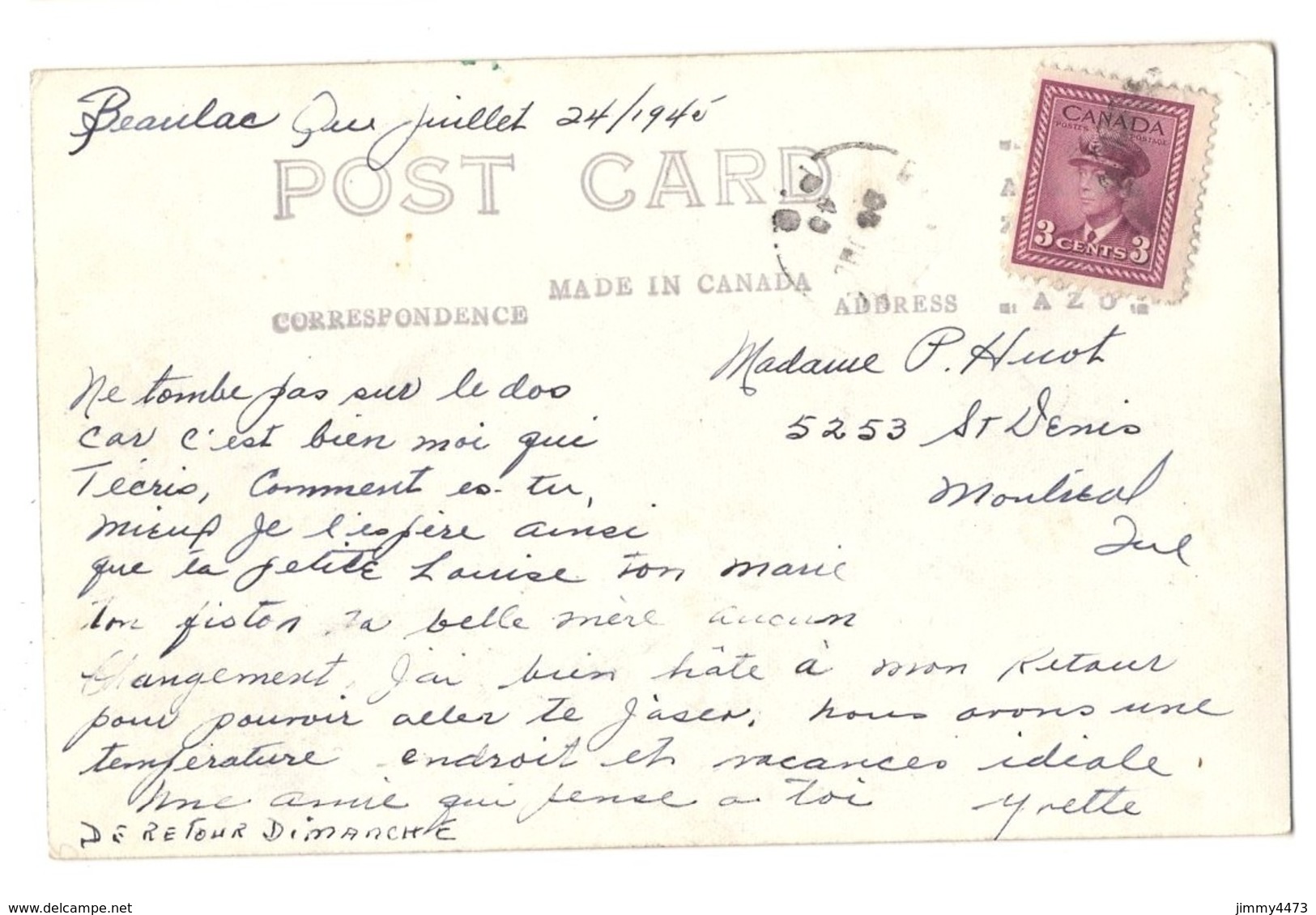POST CARD Datée De 1945 - BEAULAC ( Garthby ) Québec Canada - Autres & Non Classés