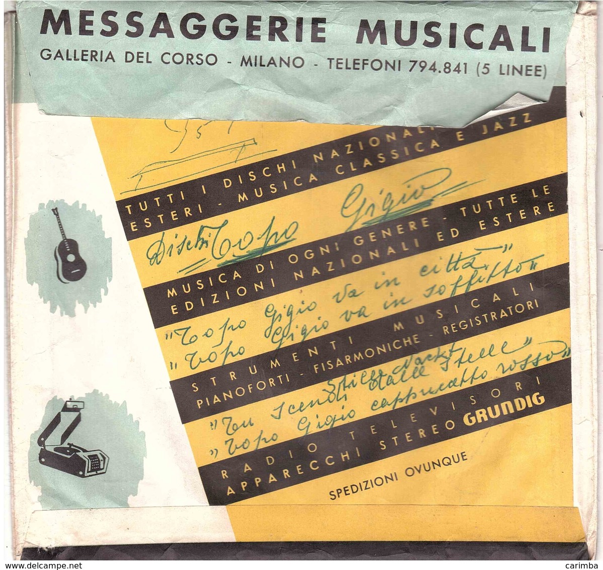 MESSAGGERIE MUSICALI GALLERIA DEL CORSO MILANO BUSTA PORTA DISCHI - Accessoires, Pochettes & Cartons