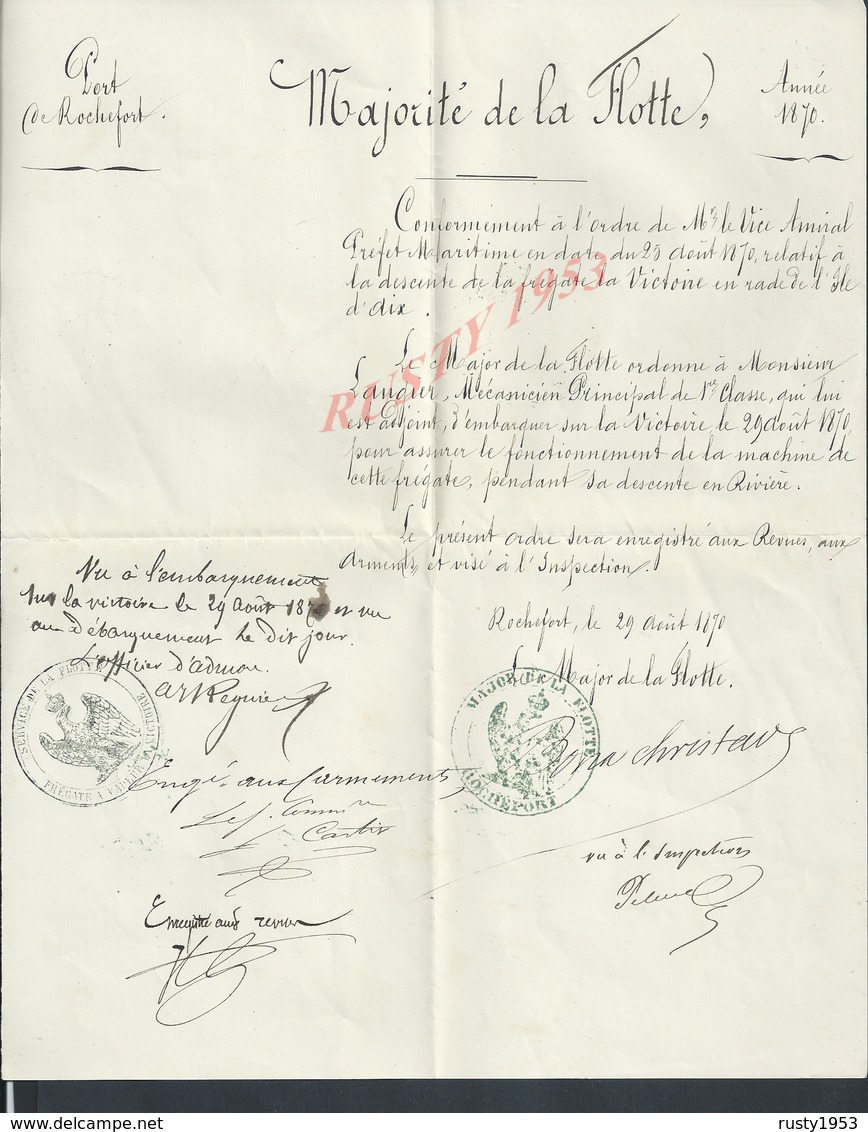 MILITARIA EMPIRE MARINE FREGATE LA VICTOIRE GUERRE 1870 L ISLE D AIX  Mr LAUQUIER MECANICIEN ROCHEFORT 1870 AUTOGRAPHE : - Documents