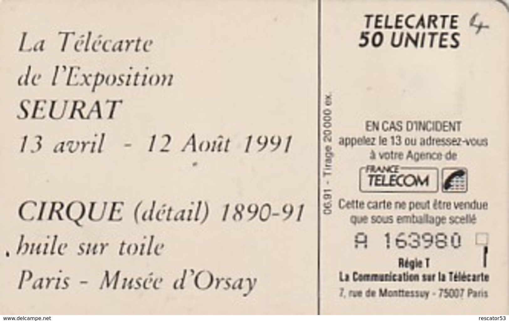 Rare Carte Téléphonique Exposition Seurat Le Cirque  20 000 Ex - 1993