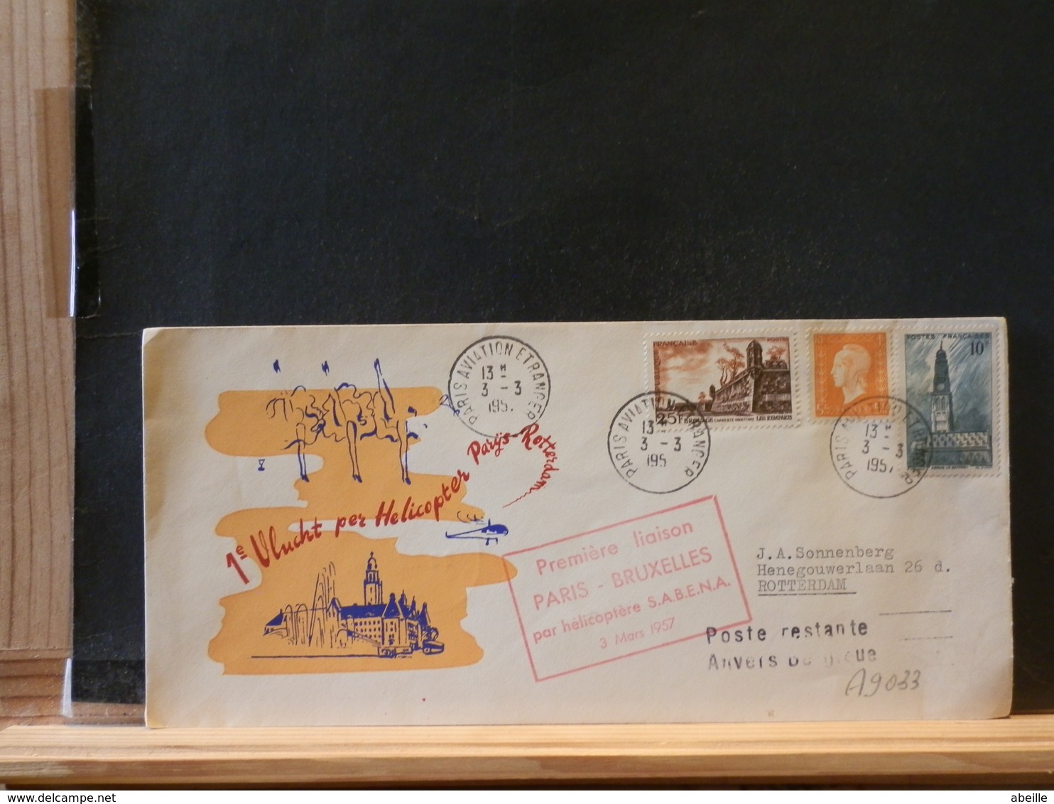 A9033  LETTRE  1957  1° VOL  PARIS - BRUXELLES PAR HELI SABENA - Eerste Vluchten