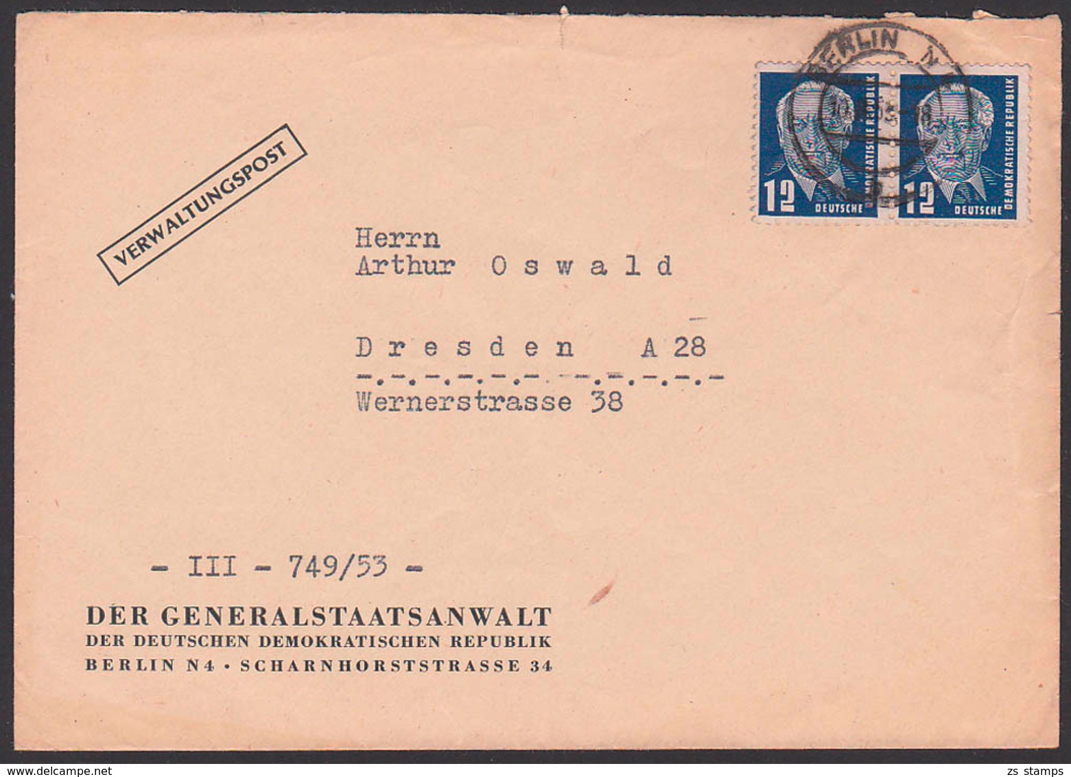 Berlin N4 Verwaltungspost Der Generalstaatsanwalt Der DDR, 12 Pfg. (2) Wilhelm Pieck - Cartas & Documentos