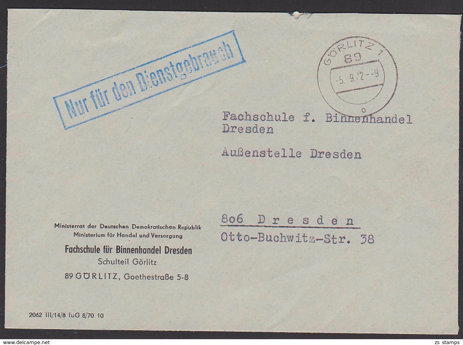 Görlitz ZKD-Brief "Nur Für Den Dienstgebrauch" Ministerrat Der DDR Handel Und Verssorgung Fachschule 5.9.72 - Otros & Sin Clasificación