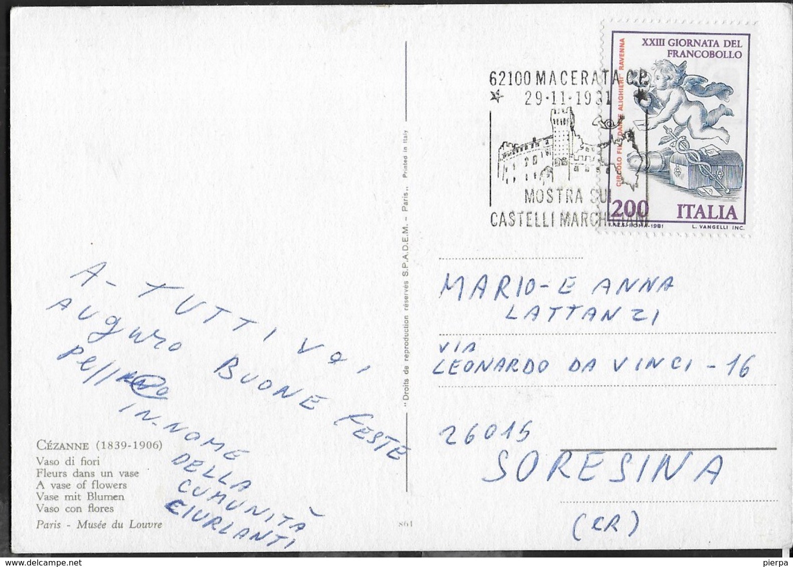 ANNULLO SPECIALE - MACERATA - 29.11.1981 - MOSTRA SUI CASTELLI MARCHIGIANI - SU CARTOLINA CEZANNE - VASO DI FIORI - Esposizioni Filateliche