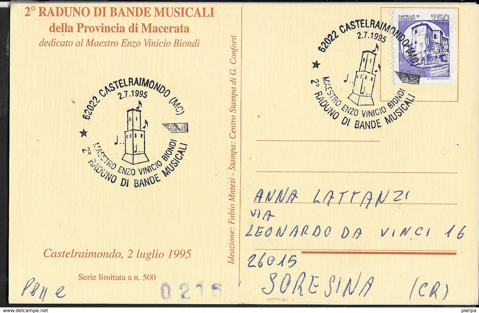 ANNULLO SPECIALE - CASTELRAIMONDO (MC) - 02.07.1995 - 2° RADUNO DI BANDE MUSICALI - SU CARTOLINA IN TEMA - Musica