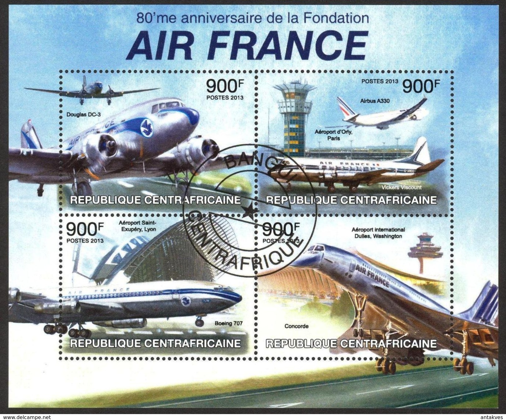 {CA27} Central African Republic 2013 Air France Aviation  Sheet Used / CTO - Central African Republic