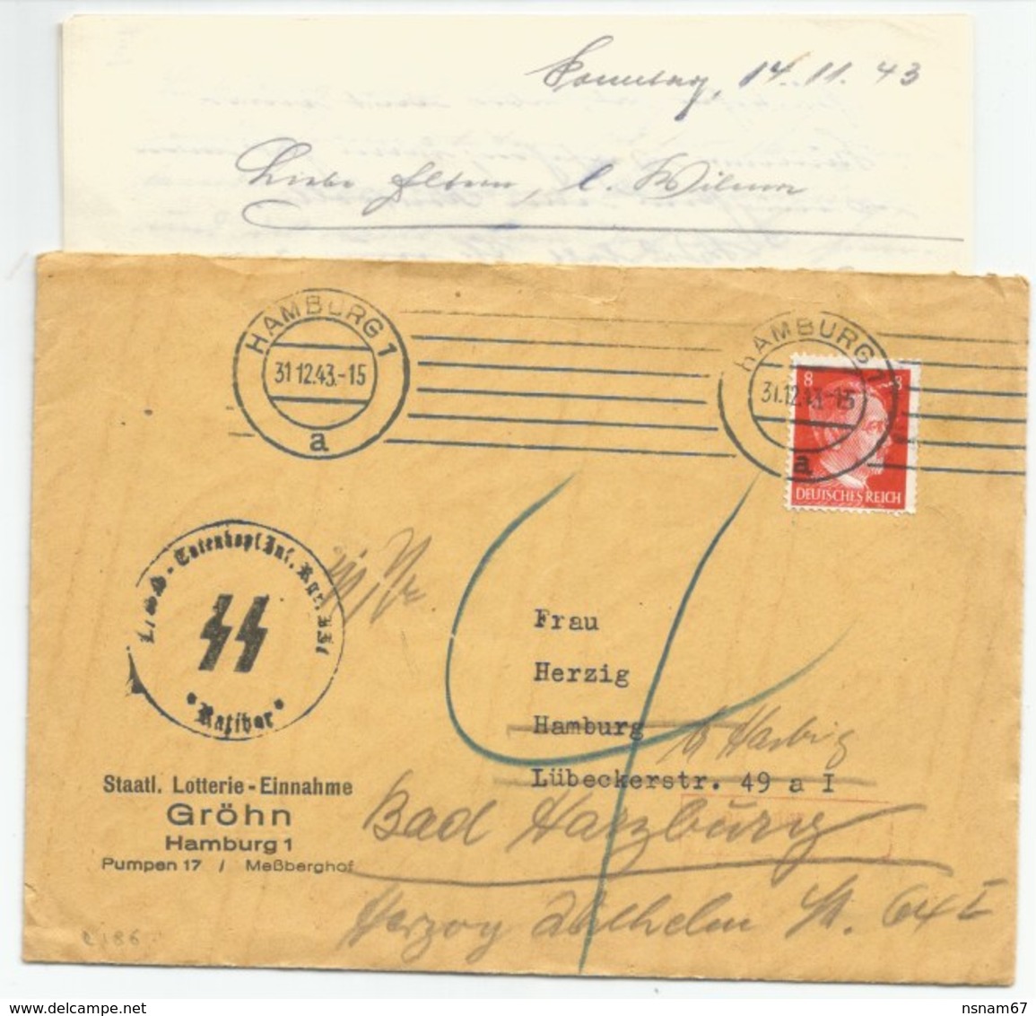 R186 - Pli HAMBURG Du 31 Décembre 1943 Avec Correspondance - Tampon " SS - TOTENKOPF INF.BAT.Nr. 351 - RATIBOR" " - Cartas & Documentos