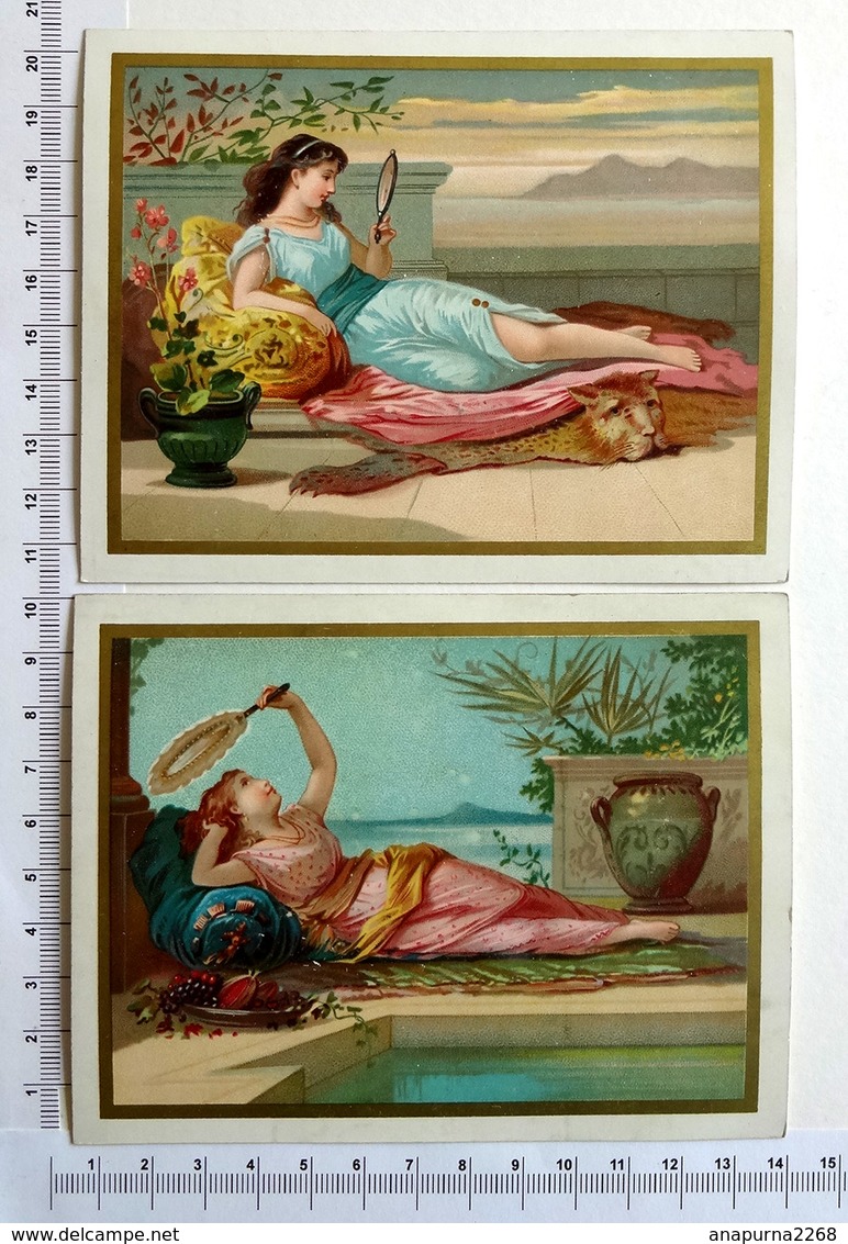 2 CHROMOS LITHOGRAPHIES  ....FORMAT CARTE POSTALE......FEMME  ALLONGÉE SUR UN COUSSIN - Autres & Non Classés