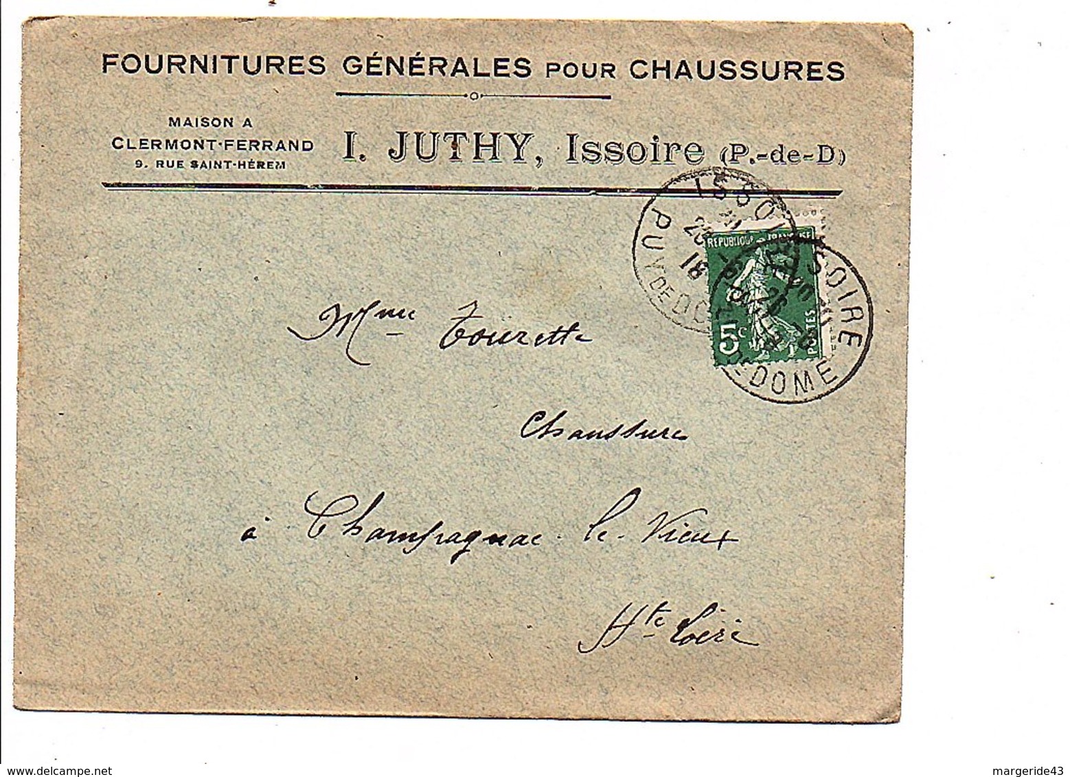 LETTRE A EN TETE DE ISSOIRE PUY DE DOME 1918 - 1877-1920: Période Semi Moderne