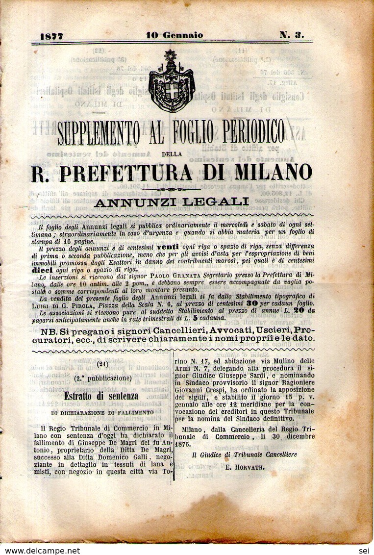 B 2532  -  Supplemento Al Foglio Periodico Della R. Prefettura Di Milano. Annunzi Legali, 1877 - Decreti & Leggi