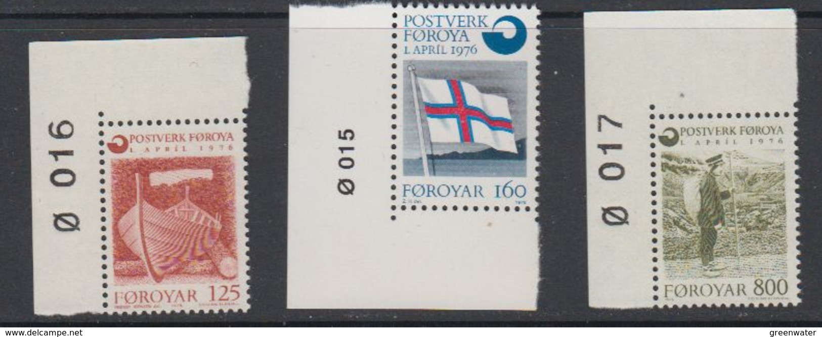 Faroe Islands 1976 Gründung Färoischen Postwesen 3v (corners, Sheet Number) ** Mnh (42806E) - Faeroër