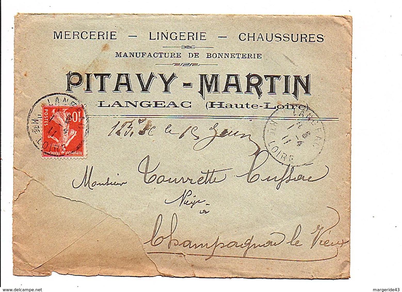 LETTRE A EN TETE DE LANGEAC HAUTE LOIRE 1911 - 1877-1920: Semi-Moderne